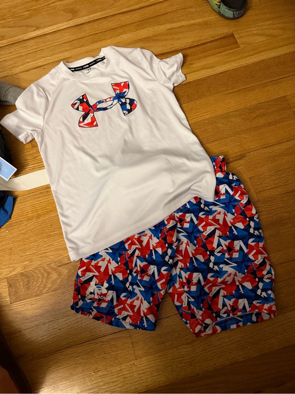 Under Armour Kids White Tee & Red/Blue Patterned Shorts Pajama Set